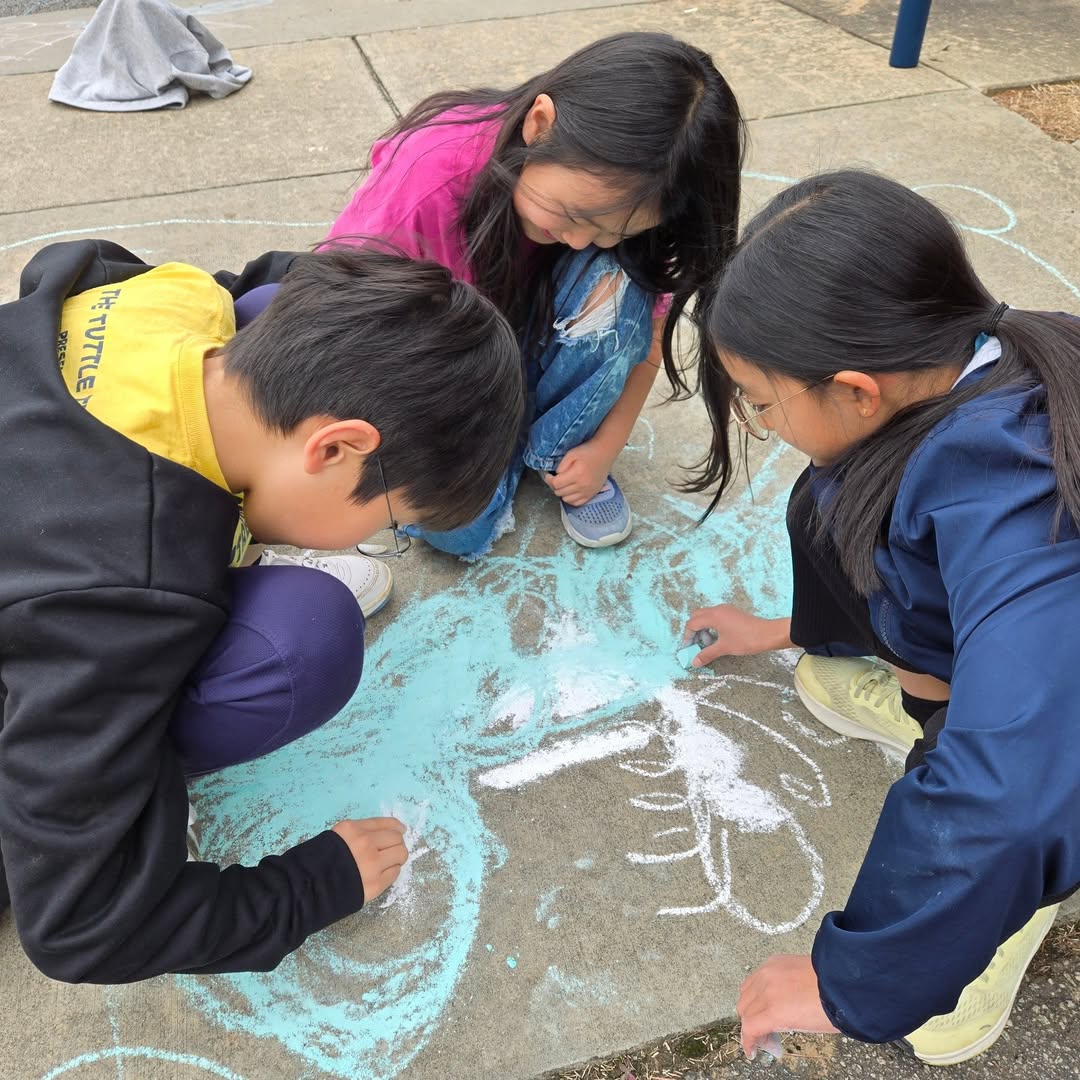 Students drawing with chalk